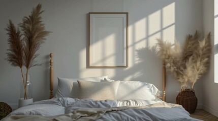 Frame mockup. Relaxed bohemian style. Home bedroom interior