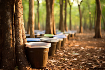 Rubber tree plantation. Rubber tapping in rubber tree garden in Thailand. Natural latex extracted from para rubber plant. Latex collect in plastic cup. Latex raw material. Hevea brasiliensis forest - obrazy, fototapety, plakaty
