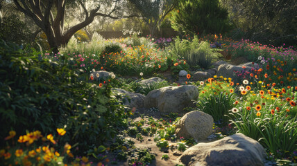 Obraz na płótnie Canvas Sunlight filters through trees illuminating a vibrant garden path lined with flowers.
