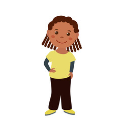 Vector African American girl, cartoon flat little child character, illustration of baby African girl with dreadlocks isolated on white background