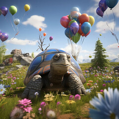 3d animation, cartoon, schildkröte, gras, bedächtig, komisch, wiese, im hintergrund fliegende bunte Luftballons, himmel, abbildung, vektor, geburtstag, 3d animation, cartoon, turtle, grass, 