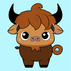 Cute cartoon brown yak with big eyes and black horns.