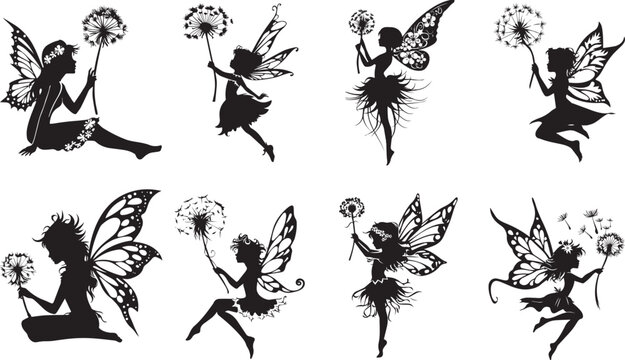 Fairy Holds Dandelion Flower Silhouette, Little Fairy With Dandelion Clipart