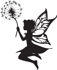 Fairy holds dandelion flower silhouette, little fairy with dandelion clipart