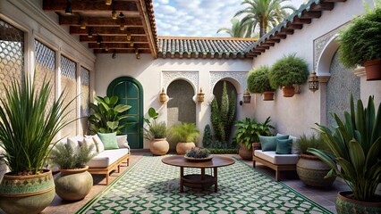 Fototapeta premium Moroccan style tiled courtyard with stunning architecture and beautiful plants