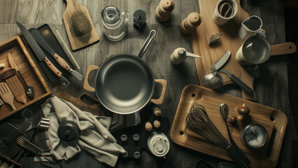 Aerial view of assorted cookware and kitchen accessories neatly arranged on a dark wood countertop.