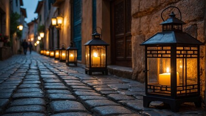 Square-shaped lanterns light up the dimly lit street of the quaint, historic town.