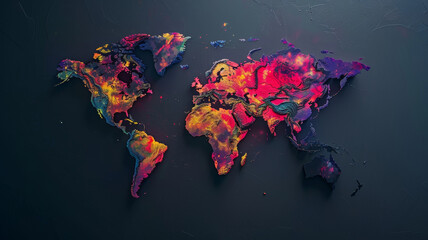 A vibrant, textured world map painting radiating abstract beauty.