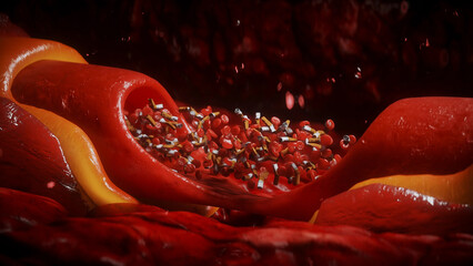 blood stream and cigarette butts. smoking health harm concept. Inside human body. 3d rendering.