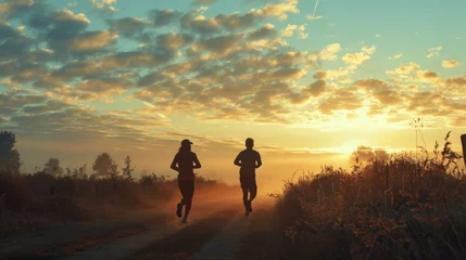 Fototapete Rund A couple of adults on a morning run, healty life, copy space, 16:9 © Christian