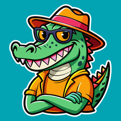 Street-style sticker featuring a cool crocodile rocking a stylish hat and sunglasses