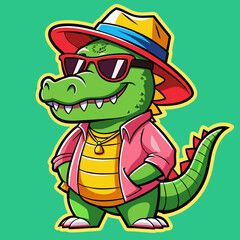 Street-style sticker featuring a cool crocodile rocking a stylish hat and sunglasses