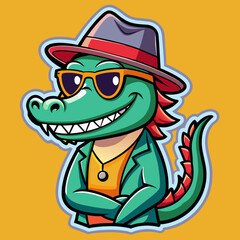 Street-style sticker featuring a cool crocodile rocking a stylish hat and sunglasses