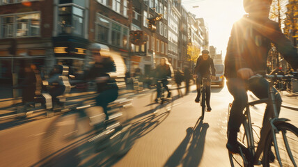 Dynamic city life captured in a bicycle blur on an urban street. - obrazy, fototapety, plakaty