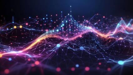 Fototapeta na wymiar Cyber big data flow. Blockchain data fields. Network line connect stream. Concept of AI technology, digital communication, science research, 3D illustration music waves
