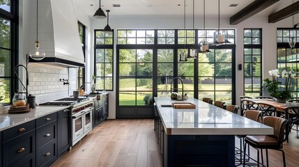 Industrial Chic Kitchen Overlooking a Lush Park: A Modern Contrast of White and Navy Cabinets with Matte Black Fixtures