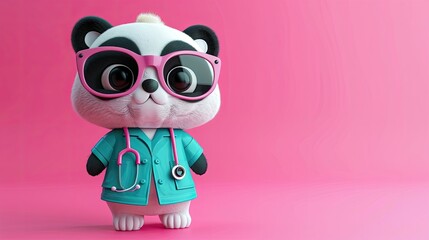 Adorable panda character with glasses and a stethoscope, pink backdrop.