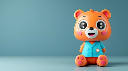 Friendly bear character in a doctor's uniform on a blue background.