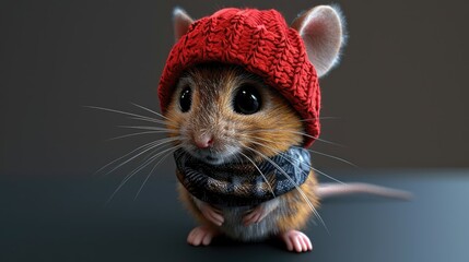 Adorable mouse in a red knitted hat and scarf looking curious.