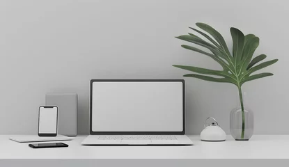 Fotobehang 3D render of a laptop mockup with a blank screen on the table, accompanied by a phone and tablet. The setup is placed on a white background with a green plant. © jex