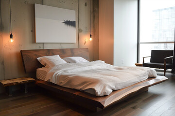 Fototapeta na wymiar modern bedroom, minimalist furniture, walnut bed with beautiful hanging lamps and abstract painting