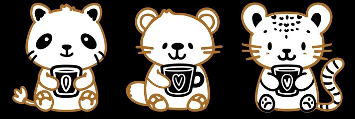 Three outlined animal cartoons in white and brown with mugs.