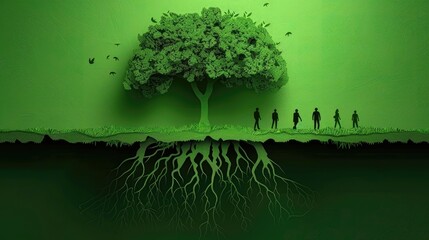 Paper-cut art of tree and human silhouettes on green textured background. - obrazy, fototapety, plakaty