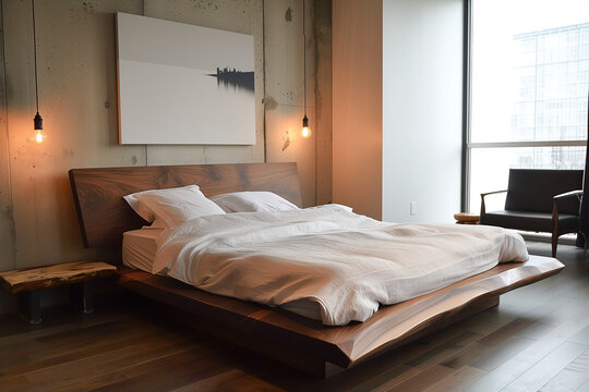  modern bedroom, minimalist furniture, walnut bed with beautiful hanging lamps and abstract painting