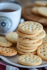 Fototapeta na wymiar Pile of round crackers with a cup of tea on a white plate, close view.