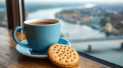 A blue teacup with tea and a single biscuit, overlooking a river view. - obrazy, fototapety, plakaty