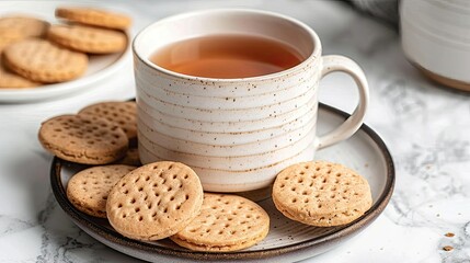 Fototapeta na wymiar A cup of tea on a saucer with scattered round biscuits on a marbled surface.