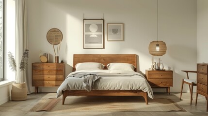 Minimalist bedroom interior with natural wood furniture, clean lines, and a sun-drenched atmosphere creating a serene space.