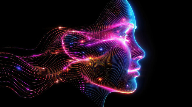 Colorful digital wireframe of a human profile on a black background. © AdriFerrer