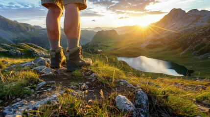 Legs of a traveler in hiking boots standing in the mountains with the beautiful view of the lake and sunset