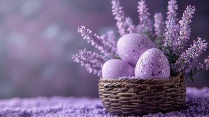 Fototapeta na wymiar a basket filled with purple eggs sitting on top of a purple carpet next to a bunch of lavender flowers on top of a table.