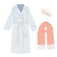 trench coat, scarf and beret in flat style on white background, vector