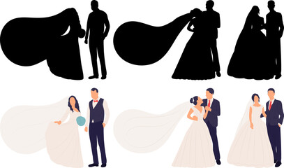 bride and groom in wedding dress in flat style on white background, vector
