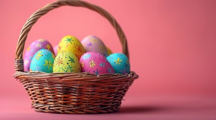 Fototapeta na wymiar a wicker basket filled with colorfully painted easter eggs on a pink background with a pink wall in the background.