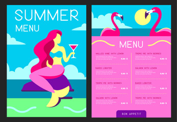 Retro summer restaurant menu design with mermaid and cocktail glass. Vector illustration