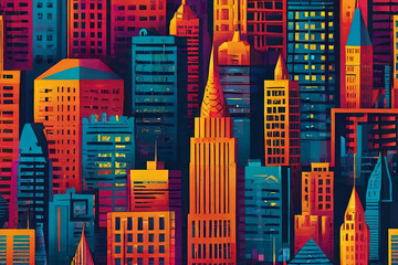 Vibrant metropolis. Risograph-style seamless pattern of city skyline. Dynamic and colorful urban...