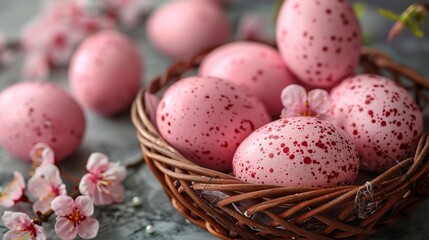 Naklejka na ściany i meble a basket filled with pink speckled eggs sitting on top of a table next to a bunch of pink flowers.