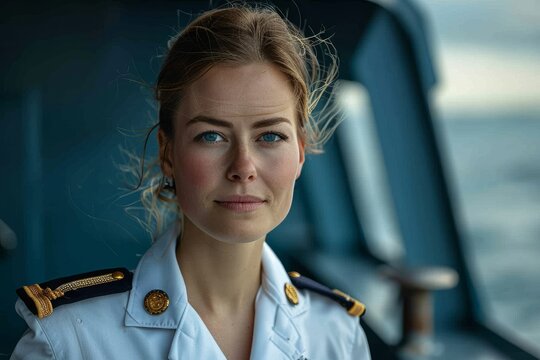 Confident female naval captain standing at the helm of a ship