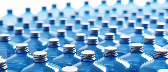 Row of azure plastic water bottles with white caps on white background