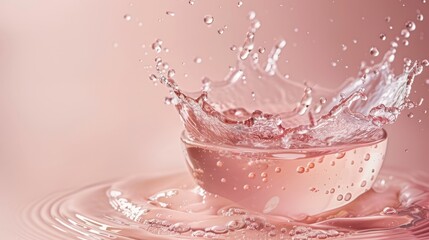 A dripping screen with a large bowl of water, water splashing. The muted tones of muted beige and rose add to the luxurious atmosphere. Draws attention to the elegance of the product.