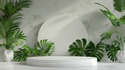 Contemporary White Podium Stage Rack front view focus with Green Stone and Tropical Monstera Leaves Background