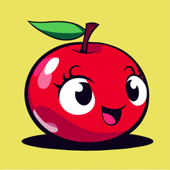 Obraz premium Cute cartoon apple with a smiling face and big eyes on a yellow background.