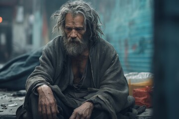 Weary homeless man seated on urban street. - obrazy, fototapety, plakaty