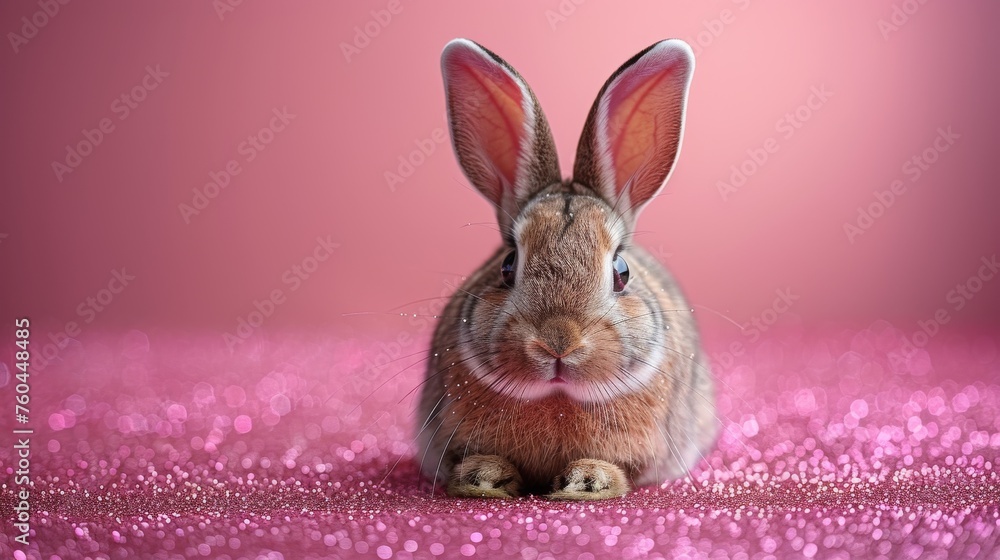 Poster a close up of a rabbit on a pink background with a blurry image of the rabbit's face.