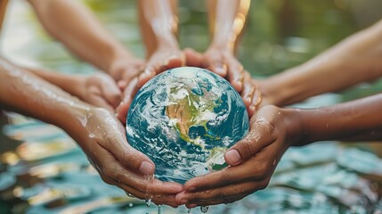 Group of people holding hands around a globe submerged in water, highlighting global cooperation for water conservation, World Water Day concept - obrazy, fototapety, plakaty