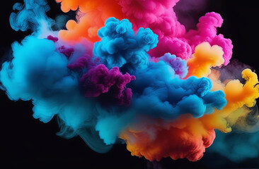 Vibrant colorful smoke rises from the azure water against a dark background